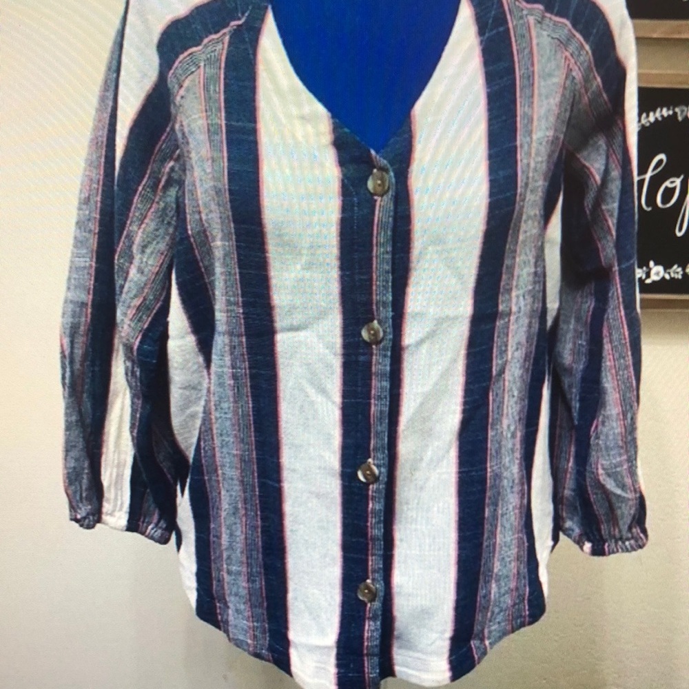 Anthropologie cloth stone striped button front top blouse V neck cotton